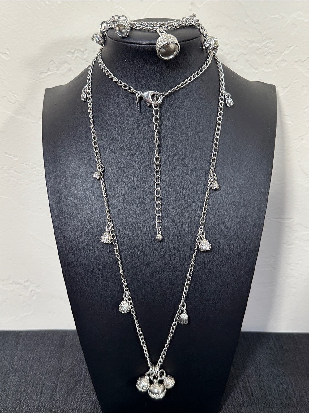 Chicoβs Silver Tone Multiple Chain Charm Bracelet & Necklace Set